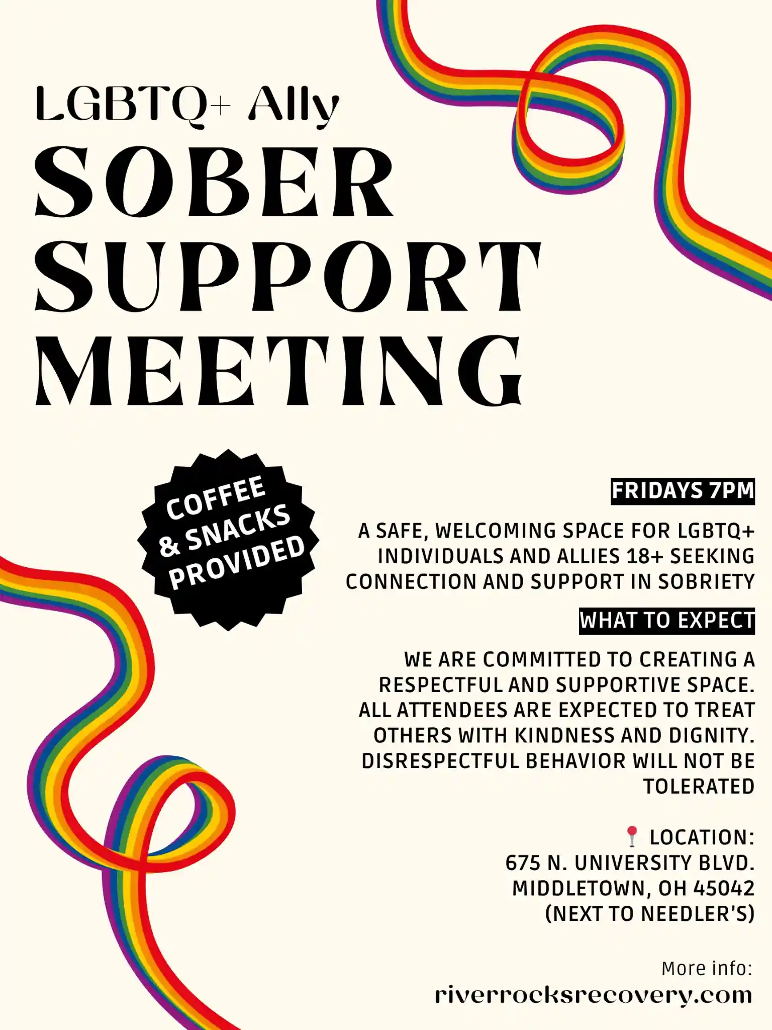 Flyer detailing the weekly LGBTQ+ support meetings hosted by River Rocks Recovery in Middletown, Ohio.